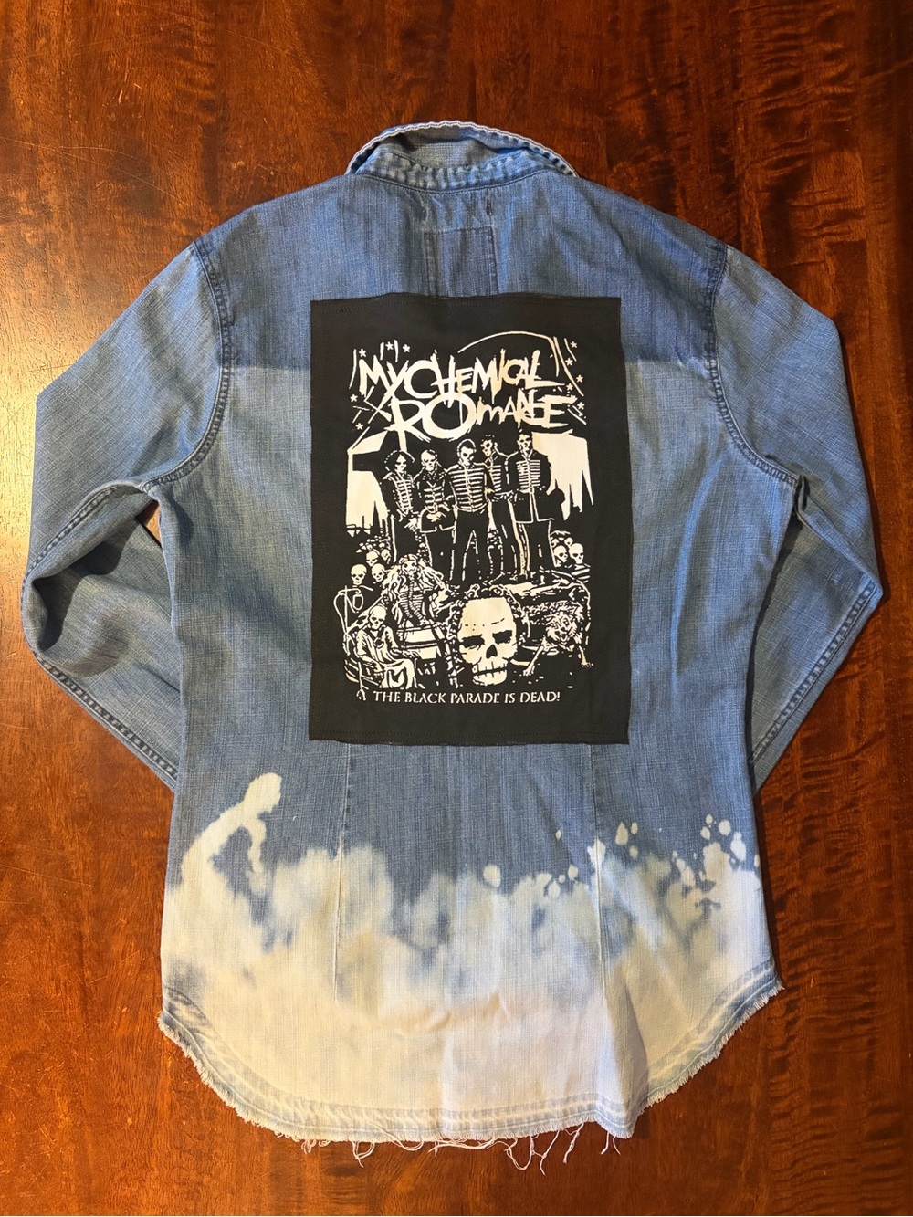 Upcycled MCR Graphic Splatter Bleach Dyed Chambray Button Up Women’s Size XXS